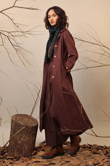 MATI_1_Brown Cotton Crew Neck Trench Jacket And Cowl Pant Set _Online_at_Aza_Fashions