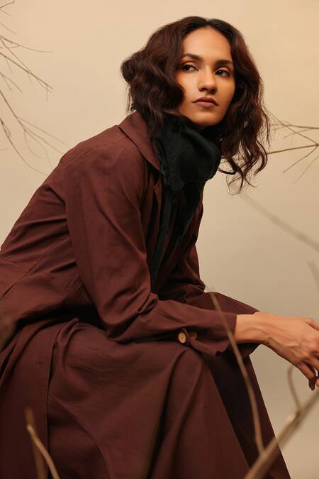 Buy_MATI_1_Brown Cotton Crew Neck Trench Jacket And Cowl Pant Set _Online_at_Aza_Fashions