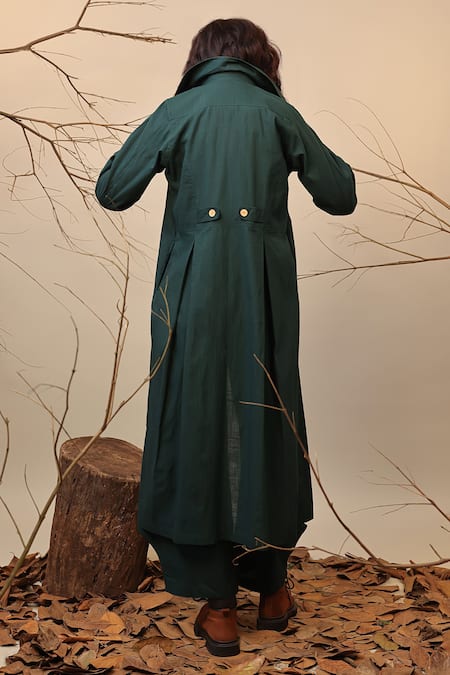 Shop MATI_1 Green Cotton Collared, Crew Neck Solid Trench Jacket And Cowl Pant Set at Aza Fashions Shop_MATI_1_Green Cotton Collared, Crew Neck Solid Trench Jacket And Cowl Pant Set _at_Aza_Fashions