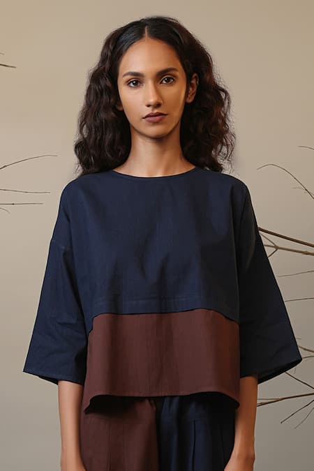 MATI_1_Blue Cotton Round Neck Color Block Top And Hera Pant Set _Online_at_Aza_Fashions