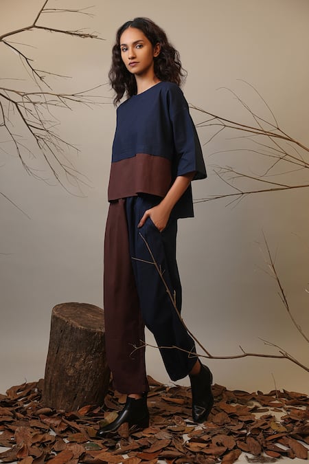 Buy_MATI_1_Blue Cotton Round Neck Color Block Top And Hera Pant Set _Online_at_Aza_Fashions