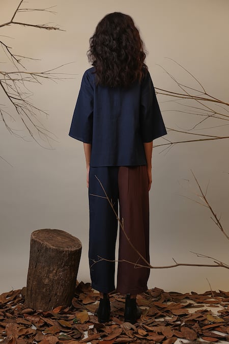 Shop MATI_1 Blue Cotton Color Block Hera Pant at Aza Fashions Shop_MATI_1_Blue Cotton Color Block Hera Pant _at_Aza_Fashions