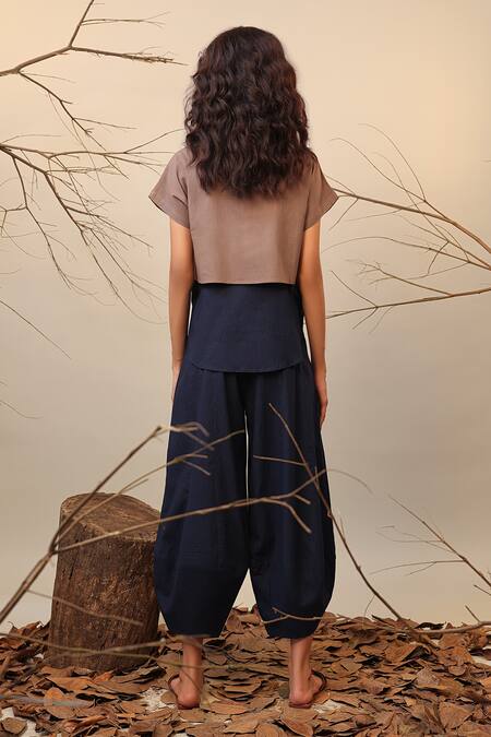 Shop MATI_1 Beige Cotton Round Neck Color Block Top at Aza Fashions Shop_MATI_1_Beige Cotton Round Neck Color Block Top _at_Aza_Fashions