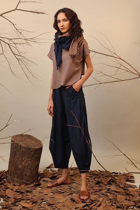 Shop MATI_1 Beige Cotton Round Neck Color Block Top Online at Aza Fashions Shop_MATI_1_Beige Cotton Round Neck Color Block Top _Online_at_Aza_Fashions