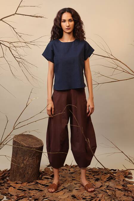 MATI_1 Blue Cotton Round Neck Color Blocked Top Online at Aza Fashions MATI_1_Blue Cotton Round Neck Color Blocked Top _Online_at_Aza_Fashions