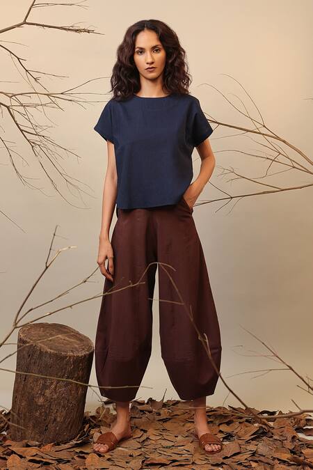 Buy MATI_1 Blue Cotton Round Neck Color Blocked Top Online at Aza Fashions Buy_MATI_1_Blue Cotton Round Neck Color Blocked Top _Online_at_Aza_Fashions