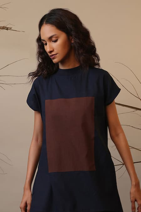 MATI_1 Blue Cotton Crew Neck Applique Color Block Midi Dress Online at Aza Fashions MATI_1_Blue Cotton Crew Neck Applique Color Block Midi Dress _Online_at_Aza_Fashions