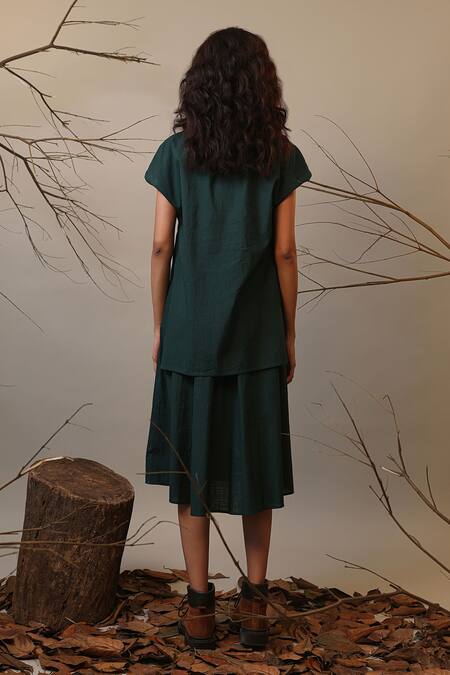 Shop_MATI_Green Cotton Crew Neck Applique Color Block Midi Dress _at_Aza_Fashions