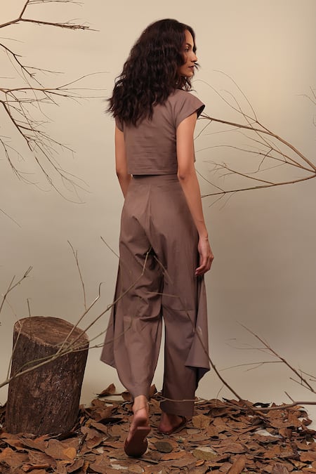 Shop MATI_1 Beige Cotton Collared Solid Crop Top And Cowl Pant Set at Aza Fashions Shop_MATI_1_Beige Cotton Collared Solid Crop Top And Cowl Pant Set _at_Aza_Fashions