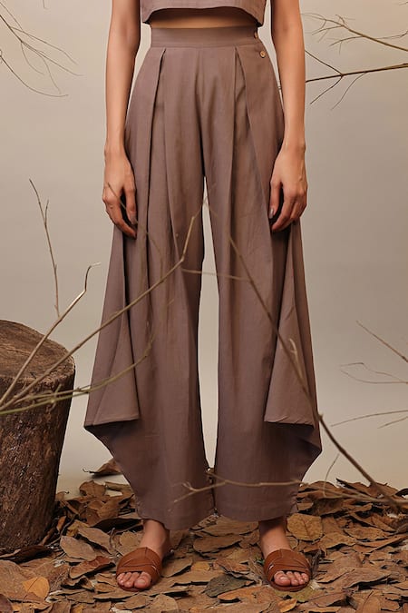 Buy MATI_1 Beige Cotton Collared Solid Crop Top And Cowl Pant Set Online at Aza Fashions Buy_MATI_1_Beige Cotton Collared Solid Crop Top And Cowl Pant Set _Online_at_Aza_Fashions