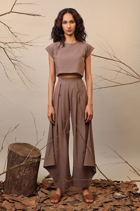 Shop MATI_1 Beige Cotton Collared Solid Crop Top And Cowl Pant Set Online at Aza Fashions Shop_MATI_1_Beige Cotton Collared Solid Crop Top And Cowl Pant Set _Online_at_Aza_Fashions