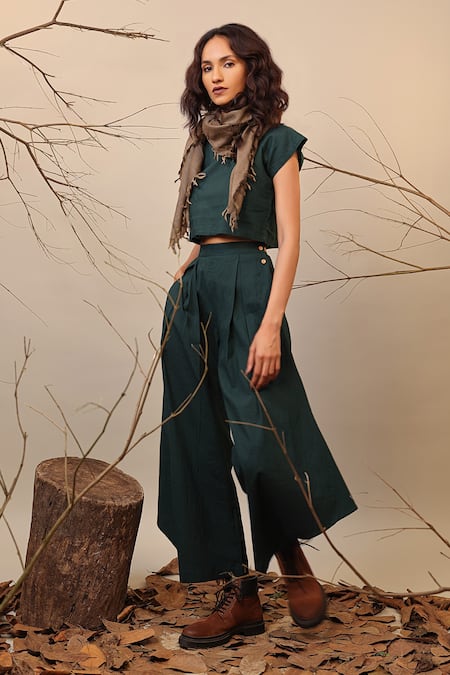 Shop MATI_1 Green Cotton Collared Raglan Crop Top And Cowl Pant Set at Aza Fashions Shop_MATI_1_Green Cotton Collared Raglan Crop Top And Cowl Pant Set _at_Aza_Fashions