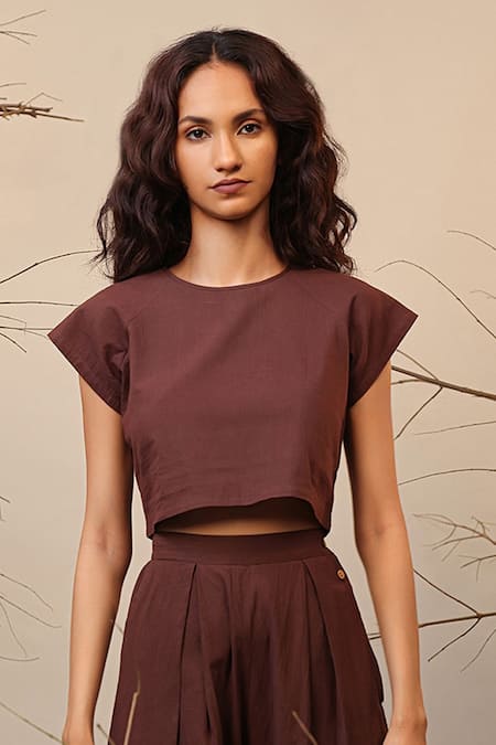 MATI Brown Solid Raglan Crop Top 