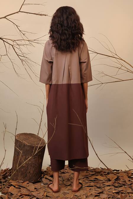 Shop_Mati_Beige Cotton Round Neck And Brown Color Block Tunic _at_Aza_Fashions