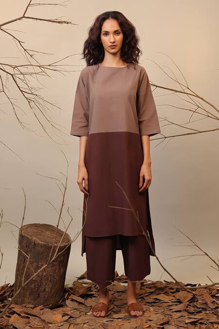 Mati_Beige Cotton Round Neck And Brown Color Block Tunic _Online_at_Aza_Fashions