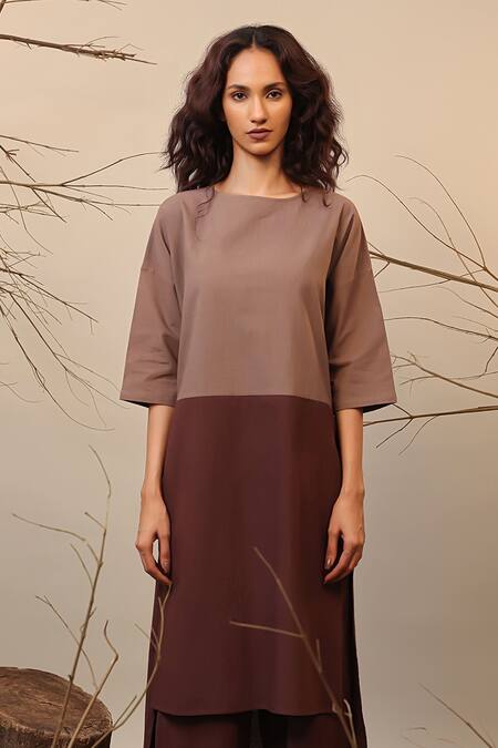 Buy_Mati_Beige Cotton Round Neck And Brown Color Block Tunic _Online_at_Aza_Fashions