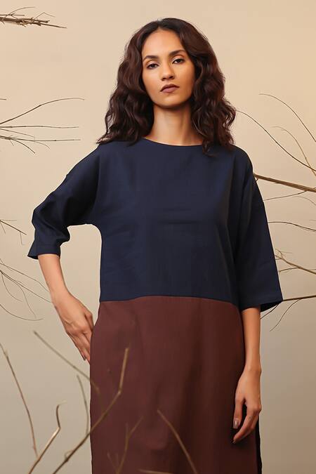 Shop_MATI_1_Blue Cotton Round Neck And Brown Color Block Asymmetric Tunic _Online_at_Aza_Fashions