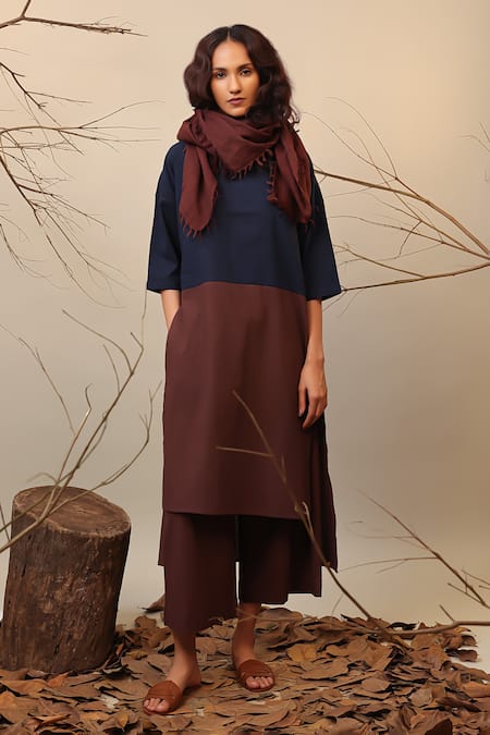 MATI_1_Blue Cotton Round Neck And Brown Color Block Asymmetric Tunic _at_Aza_Fashions