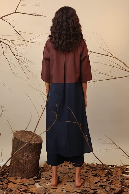 Shop_MATI_1_Blue Cotton Round Neck Color Block Asymmetric Tunic _at_Aza_Fashions