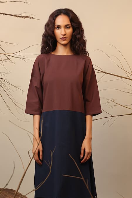 Buy_MATI_1_Blue Cotton Round Neck Color Block Asymmetric Tunic _Online_at_Aza_Fashions