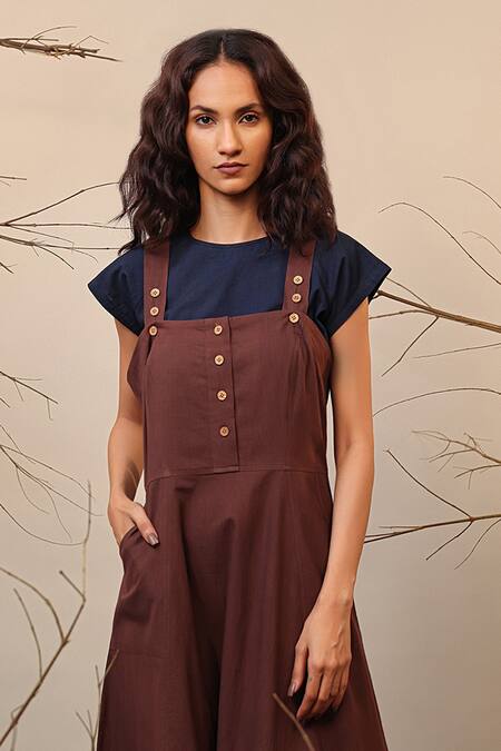 MATI_1_Brown Cotton Solid Flared Dungaree _Online_at_Aza_Fashions