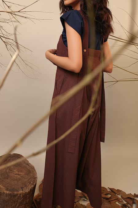 Buy_MATI_1_Brown Cotton Solid Flared Dungaree _Online_at_Aza_Fashions