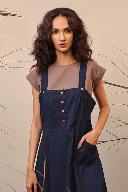 MATI_1_Blue Cotton Crew Neck Solid Flared Dungaree With Crop Top _Online_at_Aza_Fashions
