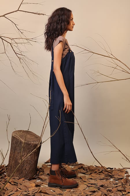 Buy_MATI_1_Blue Cotton Crew Neck Solid Flared Dungaree With Crop Top _Online_at_Aza_Fashions