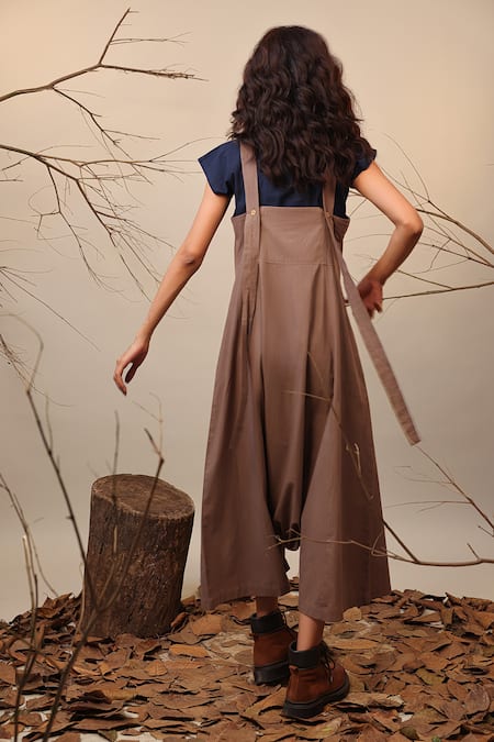 Shop_Mati_Beige Cotton Crew Neck Dungaree With Contrast Crop Top _at_Aza_Fashions