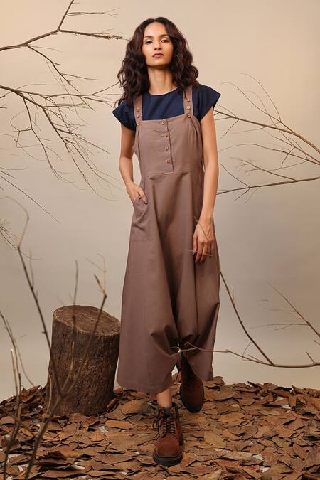 Mati_Beige Cotton Crew Neck Dungaree With Contrast Crop Top _Online_at_Aza_Fashions
