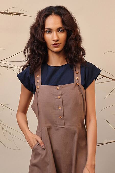 Buy_Mati_Beige Cotton Crew Neck Dungaree With Contrast Crop Top _Online_at_Aza_Fashions