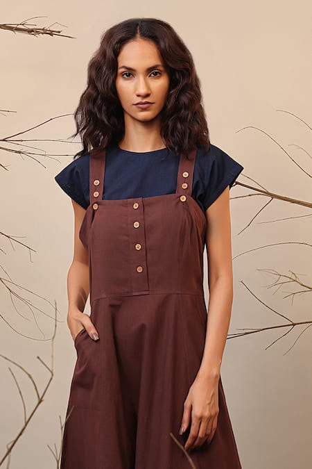 MATI_1 Brown Cotton Crew Neck Flared Solid Dungaree With Crop Top Online at Aza Fashions MATI_1_Brown Cotton Crew Neck Flared Solid Dungaree With Crop Top _Online_at_Aza_Fashions