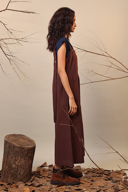 Shop MATI_1 Brown Cotton Crew Neck Flared Solid Dungaree With Crop Top Online at Aza Fashions Shop_MATI_1_Brown Cotton Crew Neck Flared Solid Dungaree With Crop Top _Online_at_Aza_Fashions