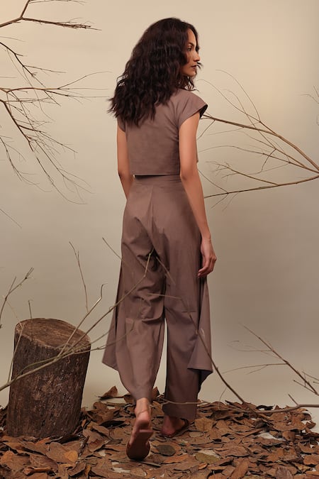 Shop_Mati_Beige Cotton Box Pleated Cowl Pant _at_Aza_Fashions