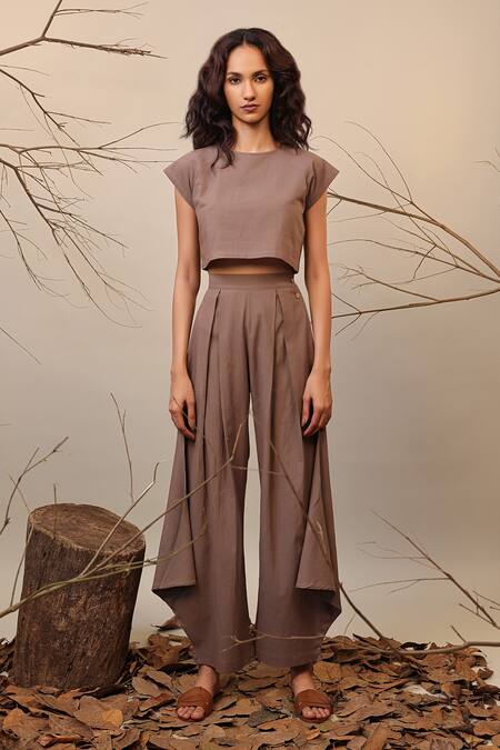 Mati_Beige Cotton Box Pleated Cowl Pant _Online_at_Aza_Fashions