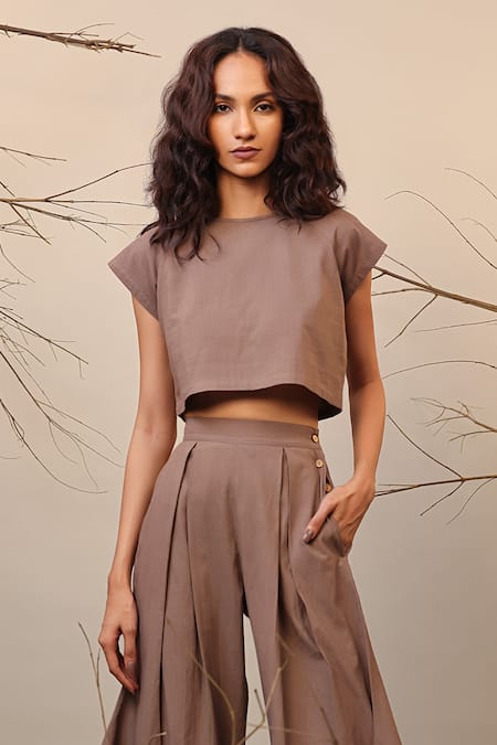 Buy_Mati_Beige Cotton Box Pleated Cowl Pant _Online_at_Aza_Fashions