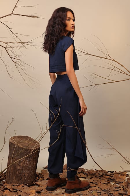 Shop_Mati_Blue Cotton Box Pleated Cowl Pant _at_Aza_Fashions