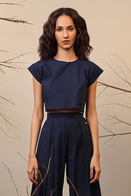 Mati_Blue Cotton Box Pleated Cowl Pant _Online_at_Aza_Fashions