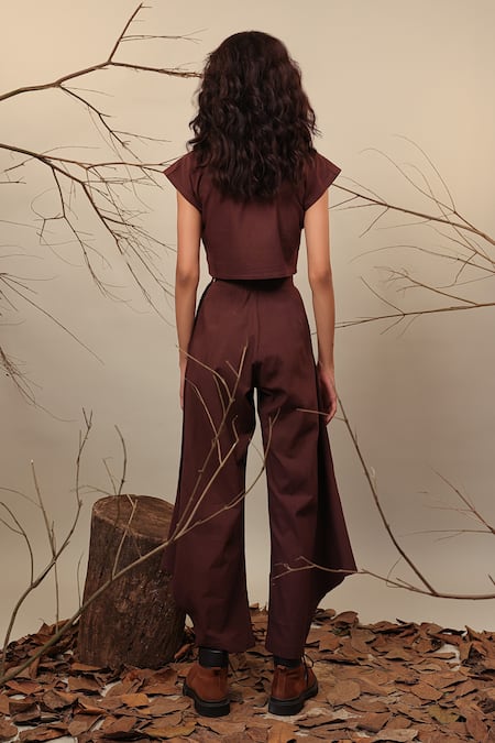 Shop MATI_1 Brown Cotton Box Pleated Cowl Pant at Aza Fashions Shop_MATI_1_Brown Cotton Box Pleated Cowl Pant _at_Aza_Fashions