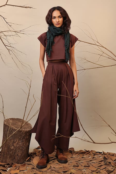 MATI_1 Brown Cotton Box Pleated Cowl Pant Online at Aza Fashions MATI_1_Brown Cotton Box Pleated Cowl Pant _Online_at_Aza_Fashions