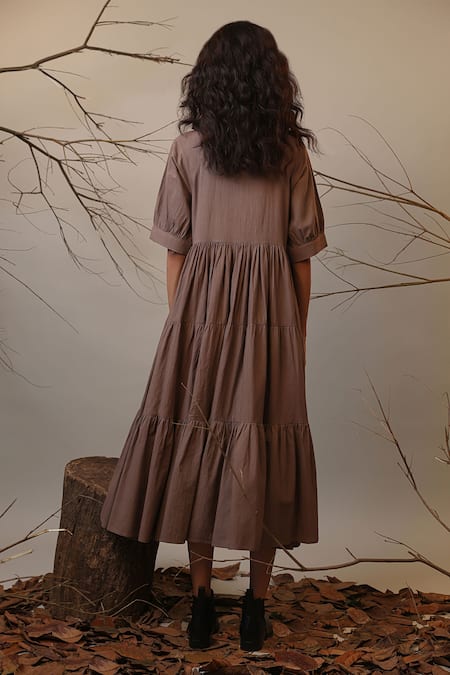Shop MATI_1 Beige Cotton Mandarin Collar Solid Tiered Dress at Aza Fashions Shop_MATI_1_Beige Cotton Mandarin Collar Solid Tiered Dress _at_Aza_Fashions