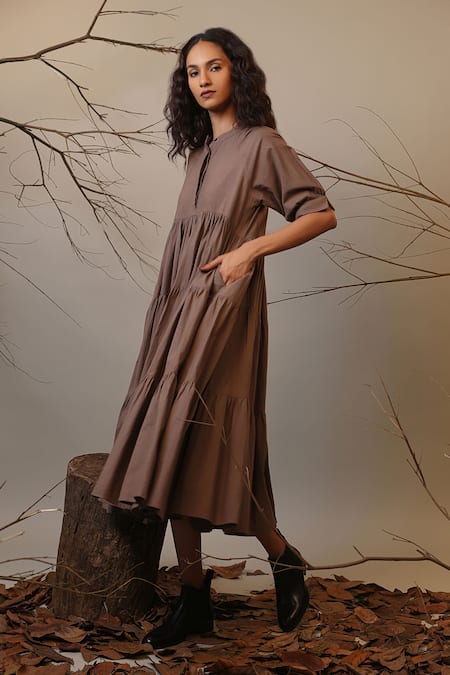 MATI_1 Beige Cotton Mandarin Collar Solid Tiered Dress Online at Aza Fashions MATI_1_Beige Cotton Mandarin Collar Solid Tiered Dress _Online_at_Aza_Fashions