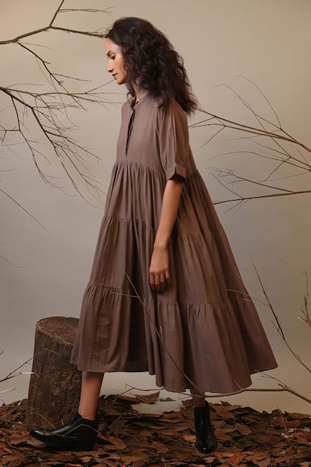 Buy MATI_1 Beige Cotton Mandarin Collar Solid Tiered Dress Online at Aza Fashions Buy_MATI_1_Beige Cotton Mandarin Collar Solid Tiered Dress _Online_at_Aza_Fashions