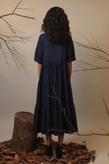 Shop MATI_1 Blue Cotton Mandarin Collar Tiered Dress With at Aza Fashions Shop_MATI_1_Blue Cotton Mandarin Collar Tiered Dress With _at_Aza_Fashions