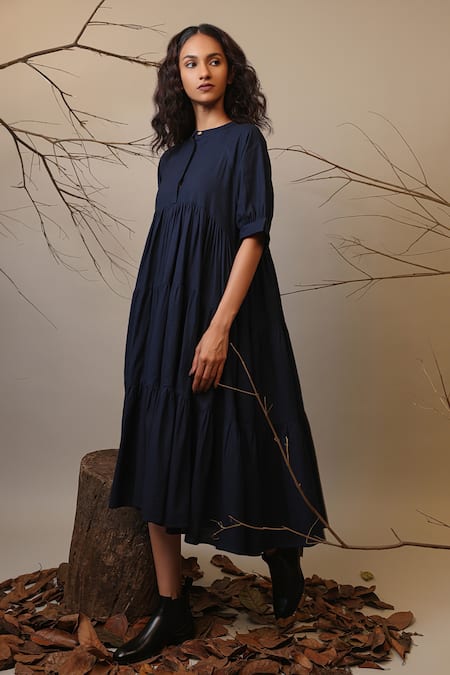 MATI_1 Blue Cotton Mandarin Collar Tiered Dress With Online at Aza Fashions MATI_1_Blue Cotton Mandarin Collar Tiered Dress With _Online_at_Aza_Fashions