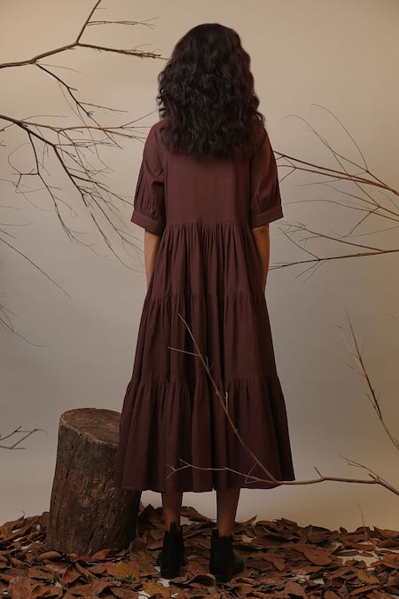 Shop MATI_1 Brown Cotton Mandarin Collar Tiered Midi Dress at Aza Fashions Shop_MATI_1_Brown Cotton Mandarin Collar Tiered Midi Dress _at_Aza_Fashions