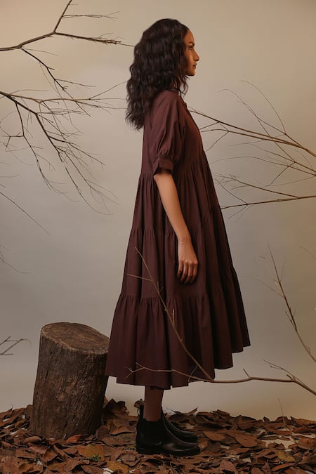 MATI_1 Brown Cotton Mandarin Collar Tiered Midi Dress Online at Aza Fashions MATI_1_Brown Cotton Mandarin Collar Tiered Midi Dress _Online_at_Aza_Fashions