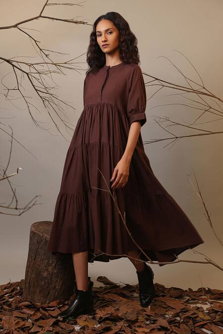 Buy MATI_1 Brown Cotton Mandarin Collar Tiered Midi Dress Online at Aza Fashions Buy_MATI_1_Brown Cotton Mandarin Collar Tiered Midi Dress _Online_at_Aza_Fashions