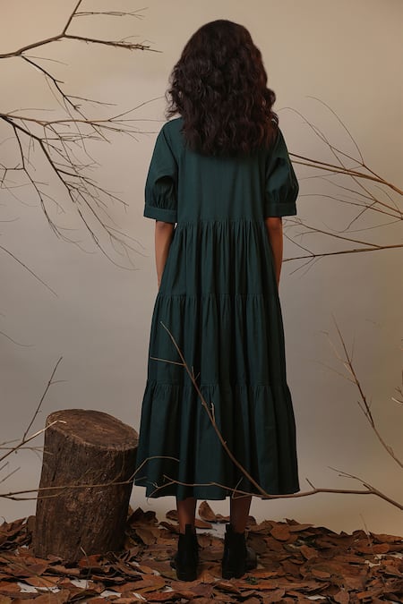 Shop MATI_1 Green Cotton Mandarin Collar Tiered Dress With at Aza Fashions Shop_MATI_1_Green Cotton Mandarin Collar Tiered Dress With _at_Aza_Fashions