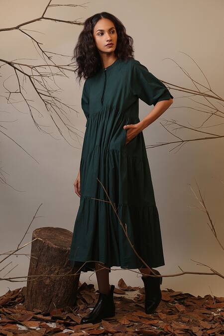 MATI_1 Green Cotton Mandarin Collar Tiered Dress With Online at Aza Fashions MATI_1_Green Cotton Mandarin Collar Tiered Dress With _Online_at_Aza_Fashions